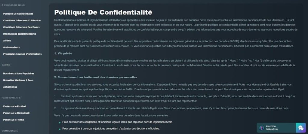 Vave Casino politique confidentialité